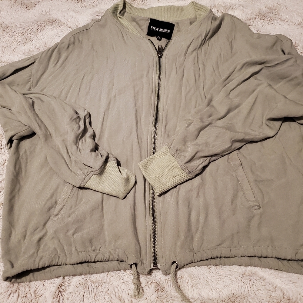 Steve Madden Women's Med Oilve Green Full Zip Mock Neck Bomber Jacket Waist Tie - Picture 2 of 6